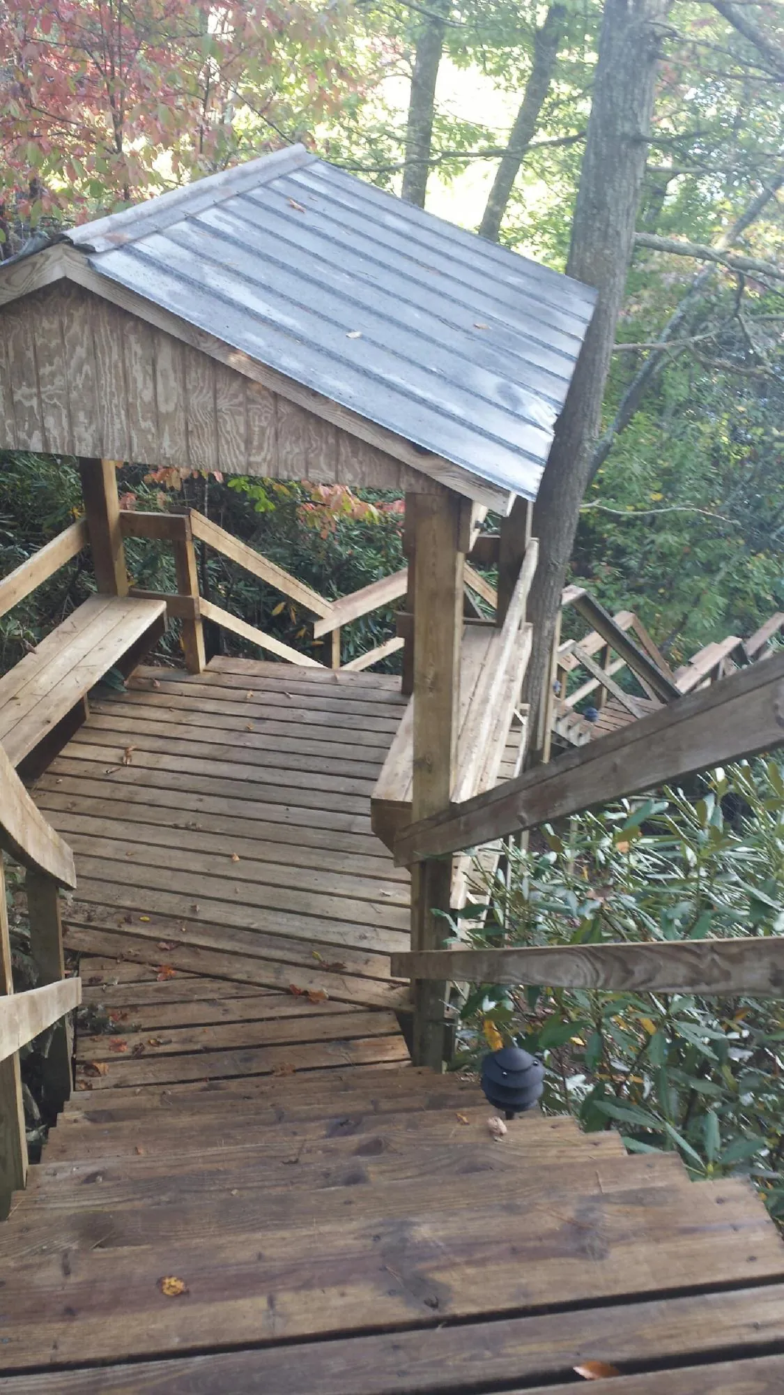 Metal roofed shelter over wooden steps on a wooded walkway — Skylight Repair & Installation work by our crew in Cayuta